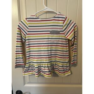 Mini Boden Girls Cotton Ruffle Striped Pocket Rainbow Peplum Top Size 5-6